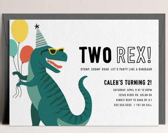 Two Rex Dinosaur Birthday Invitation: Modern 2nd Birthday (Instant Download)