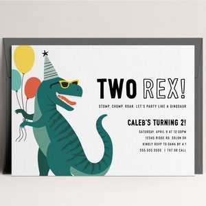 Editable Two Rex Dinosaur Birthday Invitation, Modern Dinosaur Invite, 2nd Birthday Invitations, INSTANT DOWNLOAD