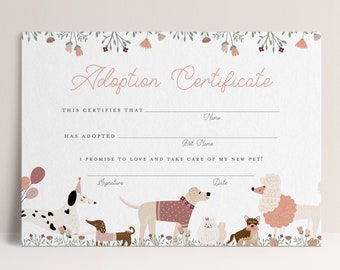 Dog Adoption Certificate, Puppy Party, Girl Dog Birthday Pet Adoption | Instant Download, Not Editable, Digital File