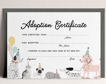Certificat d'adoption Pawty, fête de chatons, adoption de chien, adoption d'animal de compagnie, fichier numérique modifiable en téléchargement immédiat