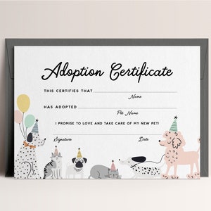 Lets Pawty Adoption Certificate, Kitty Cat Party,  Dog Adoption, Pet Adoption,  Instant Download Editable Digital File