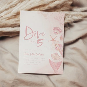 Dive into Five Invitation Template Mermaid Sea Birthday Party Sea Shells Invitation Girl 5th Birthday Editable Digital INSTANT DOWNLOAD