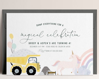 Unicorn Pony & Dump Truck Birthday Invitation: Joint Sibling Invite (INSTANT DOWNLOAD)