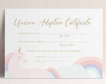 Unicorn Adoption Certificate, Unicorn Party, Printable Party Favors Editable Digital Template Instant Download