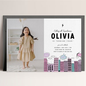 Girl Superhero Photo Invitation Modern Superhero Party Girl Power Superhero Digital Editable Invitation Template INSTANT DOWNLOAD