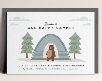 Editable Happy Camper Birthday Invitation, One Happy Camper, First Birthday, Camping Tent Birthday Party, Instant Download