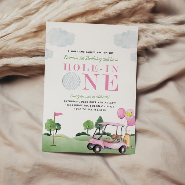 Girl Golf First Birthday Invitation, Editable Hole in One Invitation, Masters Golf Invitation, Hole-in-One Party, INSTANT DOWNLOAD