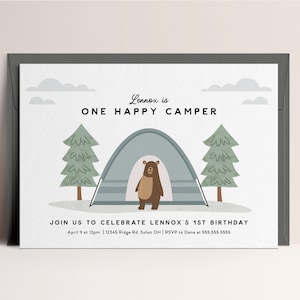 Editable Happy Camper Birthday Invitation, One Happy Camper, First Birthday, Camping Tent Birthday Party, Instant Download