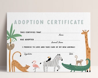 Animal Adoption Certificate, Safari, Jungle Animals, Wild One, Printable Party Favors | Instant Download, Not Editable, Digital File