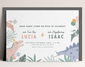 Dinosaur Birthday Invitation, Sibling Birthday, Joint Birthday, Dinosaurs, Editable Digital Template, INSTANT DOWNLOAD