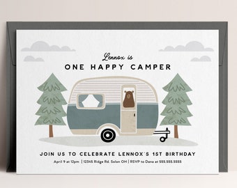 Happy Camper Birthday Invitation One Happy Camper First Birthday Camping Birthday Party Editable Digital Template INSTANT DOWNLOAD