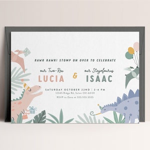 Invito di compleanno a tema dinosauri, compleanno tra fratelli, compleanno in comune, dinosauri, modello digitale modificabile, DOWNLOAD IMMEDIATO