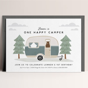 Happy Camper Birthday Invitation One Happy Camper First Birthday Camping Birthday Party Editable Digital Template INSTANT DOWNLOAD