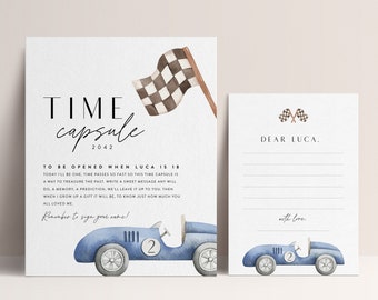 Vintage Race Car Birthday Time Capsule: Blue Car, Editable Template (Digital Download)