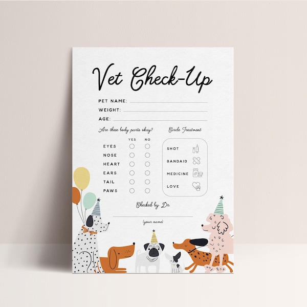 Vet Check Up Exam Sheet Pet Check-Up Dog Birthday Party Puppy Party Hospital  Puppy Party Corjl Template Instant Download