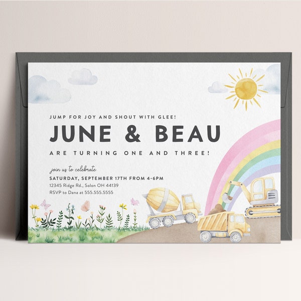 Construction Trucks, Rainbows and Butterflies Birthday Invitation, Sibling Birthday Invitation, Invitation Template,NSTANT DOWNLOAD