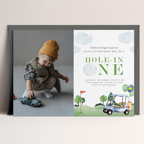 Golf First Birthday Photo Invitation, Digital Hole in One Invitation, Masters Golf, Hole-in-One Party, Editable Template, INSTANT DOWNLOAD