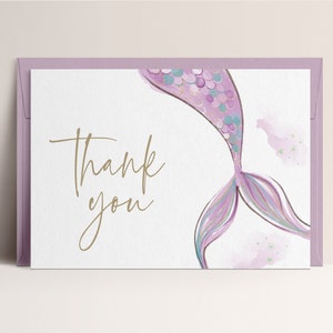 Watercolor Mermaid Thank You Card: Girl Birthday Party (INSTANT DOWNLOAD)