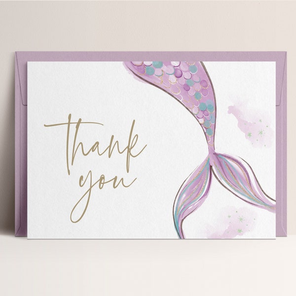 Mermaid Thank You Card, Minimalistic Modern Mermaid, Editable Mermaid Watercolor Decorations, Girl Birthday, INSTANT DOWNLOAD