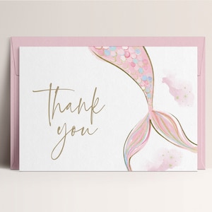 Watercolor Mermaid Thank You Card: Editable Pink Design (INSTANT DOWNLOAD)