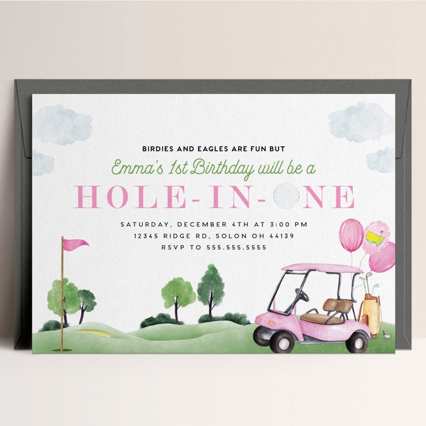 Girl Golf First Birthday Invitation: Hole-in-One Party (INSTANT DOWNLOAD)