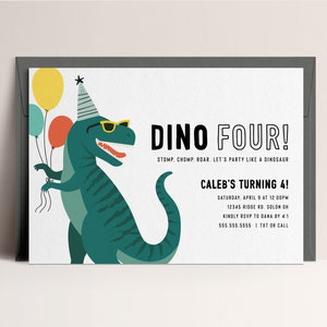 Dino Four Dinosaur Birthday Invitation Modern Dinosaur Invite Boy Fourth Birthday Invitations Editable Digital Template Instant Download
