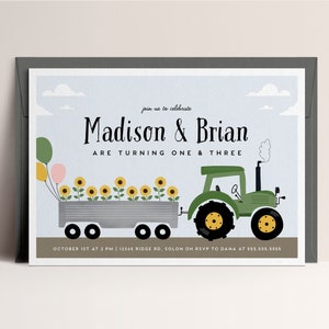 Tractor and Sunflower Birthday Invitation, 9Sibling Birthday Invitations, Joint Birthday Invites, Editable Invitation, INSTANT DOWNLOAD