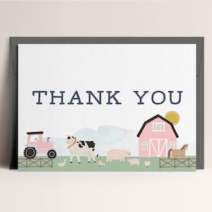 Modèle de carte de remerciement d'anniversaire de fille de ferme, tracteur, anniversaire de basse-cour rose, décorations de fête de ferme, téléchargement immédiat