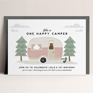 Editable Happy Camper Girl Birthday Invitation (Instant Download)