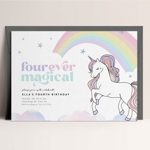 Fourever Magical Unicorn Birthday Invitation, Unicorn Invitation Template, Rainbow Birthday, Editable Invitation, INSTANT DOWNLOAD