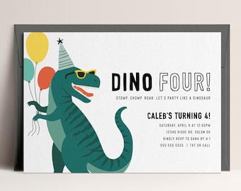Dino quatre dinosaure anniversaire Invitation dinosaure moderne inviter garçon quatrième anniversaire Invitations modèle numérique modifiable téléchargement immédiat