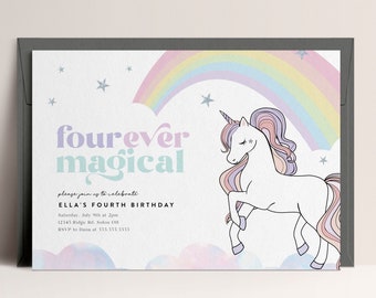 Fourever Magical Unicorn Birthday Invitation, Unicorn Invitation Template, Rainbow Birthday, Editable Invitation, INSTANT DOWNLOAD