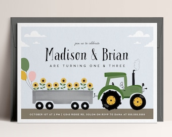 Tractor and Sunflower Birthday Invitation, 9Sibling Birthday Invitations, Joint Birthday Invites, Editable Invitation, INSTANT DOWNLOAD