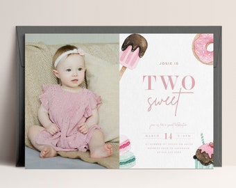 Two Sweet Birthday Invitation: Donut Theme, Photo Template (INSTANT DOWNLOAD)