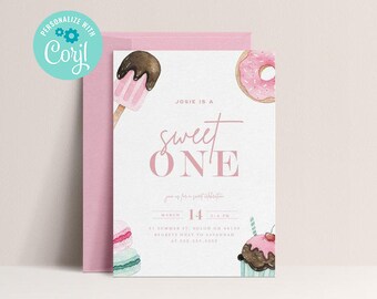 Sweet One Birthday Invitation: Donut Theme, Girl First Birthday (Editable Digital Template)