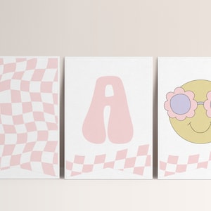 Modèle de bannière d&#39;anniversaire, smiley rose à carreaux, anniversaire de fille, smiley rétro à imprimer, téléchargement immédiat modifiable