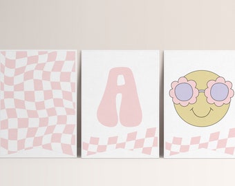 Smiley Face Birthday Banner Template, Checkered Pink Smiley Bunting, Girl Birthday, Retro Smiley Face Printables Editable Instant Download