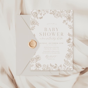 Modèle beige d'Invitation pour baby shower, faire-part de bébé sans distinction de sexe, chinoiseries élégantes vintage florales, invitation modifiable en toile Français