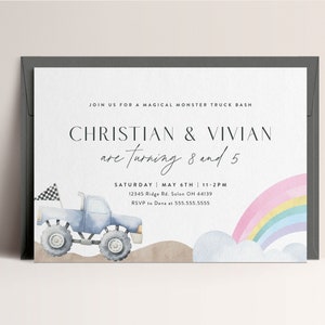 Rainbows and Monster Trucks Birthday Party Invitation Sibling Birthday Invitations Trucks Rainbow Editable Template  INSTANT DOWNLOAD