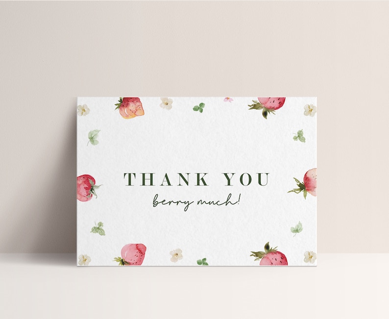 Strawberry Thank You Card, Berry First Birthday, Strawberry Party Decorations, INSTANT DOWNLOAD image 1