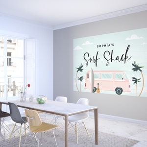 Modern Surf Girl Birthday Backdrop, Surf&#39;s Up, Pink Surfboard, Surfing Party Decorations, INSTANT DOWNLOAD
