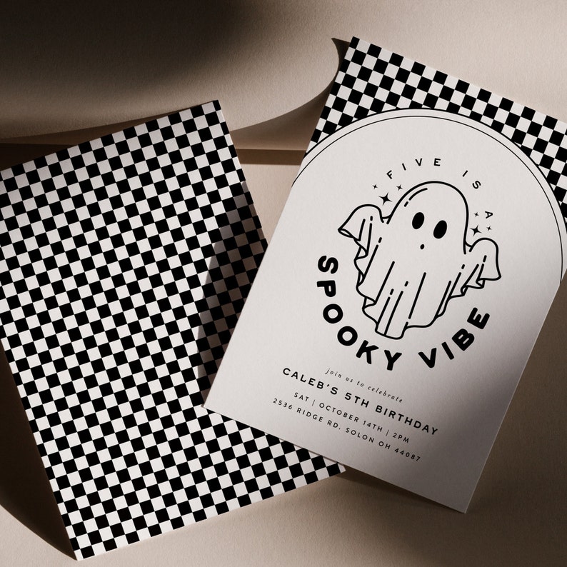 Five Spooky Vibe Halloween Ghost 5th Birthday Party Invitation Retro Spooky Ghost Birthday Editable Téléchargement numérique image 1