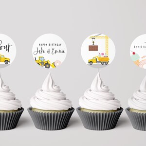 Trucks and Sweets Cupcake Toppers, Construction Trucks, Two Sweet, Sweet One, Editable Template, INSTANT DOWNLOAD