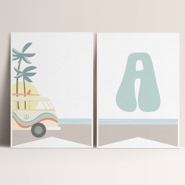 Retro Surf Birthday Flag Banner, Boy Surf Birthday, Peace Love and Surf, Hippie Van Beach Party Editable Template INSTANT DOWNLOAD