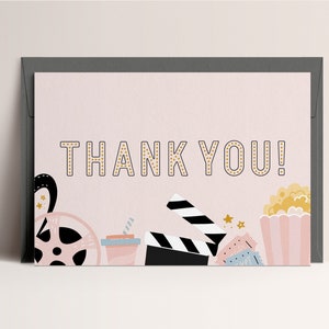 Movie Party Thank You Card, Movie Night Birthday, Editable Digital Template, INSTANT DOWNLOAD