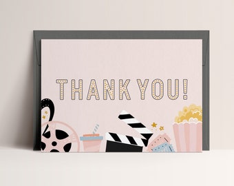 Movie Party Thank You Card, Movie Night Birthday, Editable Digital Template, INSTANT DOWNLOAD