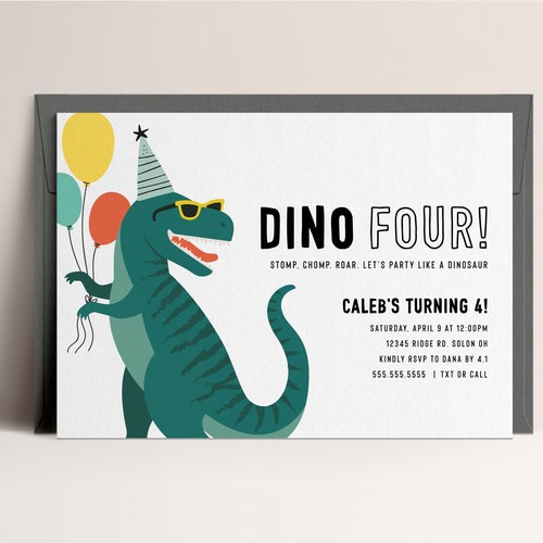 Dino Four Dinosaur Birthday Invitation Modern Dinosaur Invite Boy Fourth Birthday Invitations Editable Digital Template Instant Download