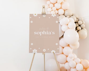 Daisy First Birthday Welcome Sign: Boho Girl Party (Digital Template)