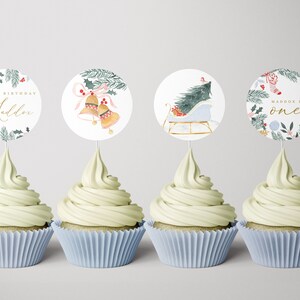 Christmas Birthday Cupcake Toppers: Winter ONE, Editable (INSTANT DOWNLOAD)