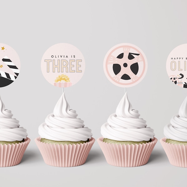 Movie Theme Cupcake Toppers, Movie Night Birthday, Editable Digital Template, INSTANT DOWNLOAD